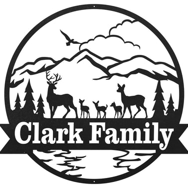 Deer Family Mountain Nature Scene with Name Metal Wall Art