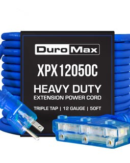 DuroMax XPX12050C Heavy Duty SJEOOW 50-Foot 12 Gauge Blue Triple Tap Extension Power Cord