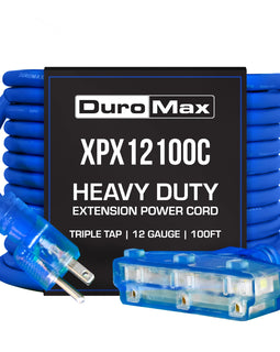 DuroMax XPX12100C Heavy Duty SJEOOW 100-Foot 12 Gauge Blue Triple Tap Extension Power Cord