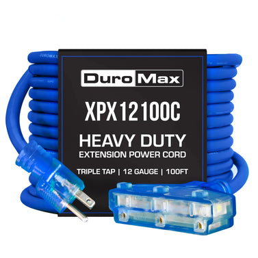 DuroMax XPX12100C Heavy Duty SJEOOW 100-Foot 12 Gauge Blue Triple Tap Extension Power Cord