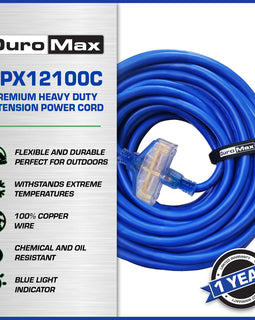 DuroMax XPX12100C Heavy Duty SJEOOW 100-Foot 12 Gauge Blue Triple Tap Extension Power Cord