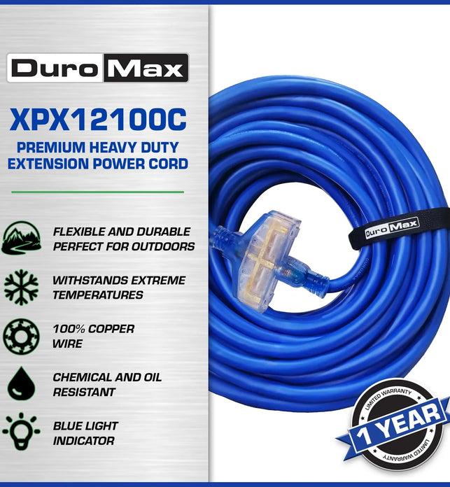 DuroMax XPX12100C Heavy Duty SJEOOW 100-Foot 12 Gauge Blue Triple Tap Extension Power Cord