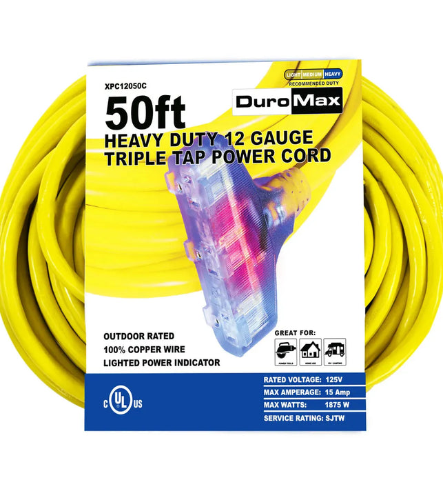 50-Foot 12 Gauge Triple Tap Extension Power Cord